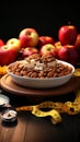 Balanced nutrition Plate of apples, nuts, measuring tape conveys healthy eating and fitness Royalty Free Stock Photo