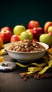 Balanced nutrition Plate of apples, nuts, measuring tape conveys healthy eating and fitness Royalty Free Stock Photo