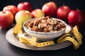 Balanced nutrition Plate of apples, nuts, measuring tape conveys healthy eating and fitness Royalty Free Stock Photo