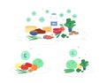 Balanced rich in vitamins food - milk, vegetables and fish, flat vector illustration isolated on white.