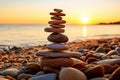 Balanced rock pyramid on sea pebbles beach, sunny day. Generative AI