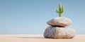 Balanced Rock Stack with Small Green Cactus Against Clear Blue Sky in Desert Landscape Royalty Free Stock Photo