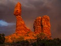 Balanced Rock in sunset with dramatic clouds in Arches National Park, Utah, USA Royalty Free Stock Photo