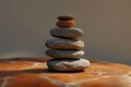 Balanced rocks form an artful stack atop a wooden table