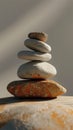 Balanced rocks form an artful stack atop a wooden table