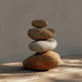 Balanced rocks form an artful stack atop a wooden table