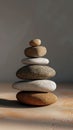 Balanced rocks form an artful stack atop a wooden table