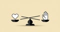 Balanced scale illustration with a heart shape on the left side and an open hand shape Royalty Free Stock Photo