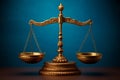 balanced scale with one weight on a blue background. symbolize justice, equality, or compensation