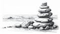 Balanced Stack of Rocks on Sandy Beach with Calm Water Black and White Royalty Free Stock Photo