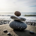 Balanced stack of three smooth pebbles sits on a larger rock at Royalty Free Stock Photo