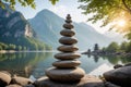 balanced stone art by a mountain river under sunlight.Generative ai Royalty Free Stock Photo