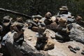 Balanced stone pyramid of archaeological site or tower of stacked stone or mountain stones. Stones arranged for meditation.