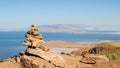 Balanced stone pyramid on the top of Frary Peak on Antelope Island, Great Salt Lake