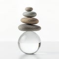 Balanced Stone Stack on Clear Sphere with Isolated White Background: Harmony Still Life of Smooth Pebbles and Glass Ball Royalty Free Stock Photo