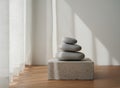 Balanced Stone Stack On Concrete Podium Near Curtains Royalty Free Stock Photo