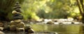 The balanced stones creating tranquility near the serene riverbanks..AI generated image Royalty Free Stock Photo