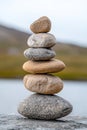 Balanced stones on rock by lake Royalty Free Stock Photo