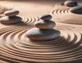 Balanced stones on a sand garden with circular patterns Royalty Free Stock Photo