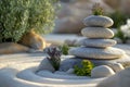 Balanced stones and small plants in serene garden setting Royalty Free Stock Photo
