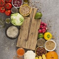 Balanced vegetarian diet organic food background. food for healthy nutrition, superfoods, vegetarian options. vegetables Royalty Free Stock Photo