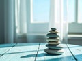 Balanced Zen Stones Stack on Turquoise Table Royalty Free Stock Photo