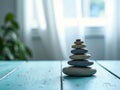 Balanced Zen Stones Stack on Turquoise Table Royalty Free Stock Photo