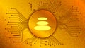 Balancer BAL cryptocurrency token symbol of the DeFi project in circle with PCB tracks on gold background.