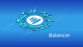 Balancer BAL isometric token symbol of the DeFi project in digital circle on blue background.