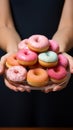 Balancing act Scales, donuts in womans hands, top view with copy space