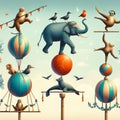 Balancing Elephants balancing on balls monkeys on tightropes sea Royalty Free Stock Photo