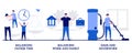 Balancing father time, work and family, dads housework concept with tiny people. Father career and family balance vector