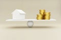 Balancing the gold coins and house model on the small seesaw. 3d render illustration