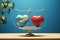 Balancing life Earth globe vs heart on scales, 3D illustration