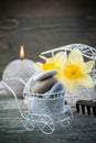 Balancing pebble stones and yellow flowers Royalty Free Stock Photo