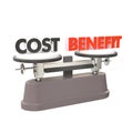 Balance scale with words cost and benefit. Decision-making by cost-benefit analysis concept. Weighing tradeoffs for finance and Royalty Free Stock Photo