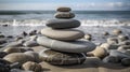 Balancing Serenity: Zen Stones on Pebble Beach. Perfect for Meditation and Relaxation.