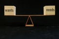 Balancing wants versus needs concept. Seesaw in dark black background. Royalty Free Stock Photo