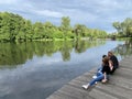 Balashikha, Moscow region, Russia, July, 01. 2020. Young girls relax on the embankment of the Pekhorka river in the summer