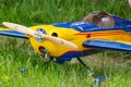 Balashikha, Moscow region, Russia - May 25, 2019: Big scale RC model of aerobatic aircraft Extra-330SC with gasoline engine