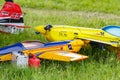 Balashikha, Moscow region, Russia - May 25, 2019: Big scale RC model of aerobatic aircrafts with gasoline engine closeup on a