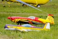 Balashikha, Moscow region, Russia - May 25, 2019: Big scale RC model of aerobatic aircrafts with gasoline engine closeup on a