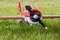 Balashikha, Moscow region, Russia - May 25, 2019: Big scale RC model of russian aerobatic aircraft YAK-55 with gasoline engine