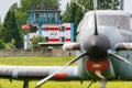 Balashikha, Moscow region, Russia - May 25, 2019: Light single engine turboprop aircraft on a green grass of Chyornoe airfield at