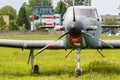 Balashikha, Moscow region, Russia - May 25, 2019: Light single engine turboprop aircraft on a green grass of Chyornoe airfield at