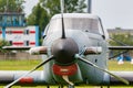 Balashikha, Moscow region, Russia - May 25, 2019: Light single engine turboprop aircraft on a green grass of Chyornoe airfield at