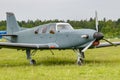 Balashikha, Moscow region, Russia - May 25, 2019: Light single engine turboprop aircraft on a green grass of Chyornoe airfield at