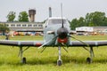 Balashikha, Moscow region, Russia - May 25, 2019: Light single engine turboprop aircraft on a green grass of Chyornoe airfield at