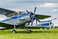 Balashikha, Moscow region, Russia - May 25, 2019: Soviet aircrafts biplane Antonov AN-2 parked on a green grass of airfield