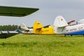 Balashikha, Moscow region, Russia - May 25, 2019: Soviet aircrafts biplane Antonov AN-2 parked on a green grass of airfield